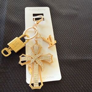 Louis Vuitton Lock & Key #302 on Fashion Gold & Rhinestone Cross Charm Keychain